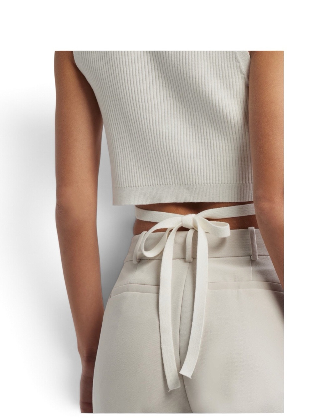 Open Edit Luxe Sculpt Tie Back Top Ivory Mock Neck Ribbed Knit Sweater Medium